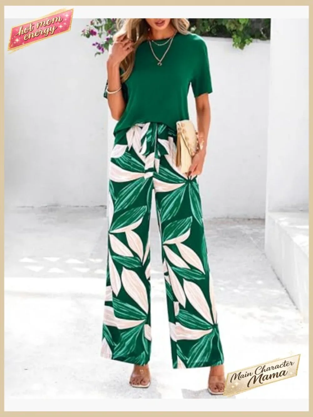 Floral Wide Leg Pant Set Relaxed Fit Knit Top Belted Waist Pockets - Picture 6 of 7